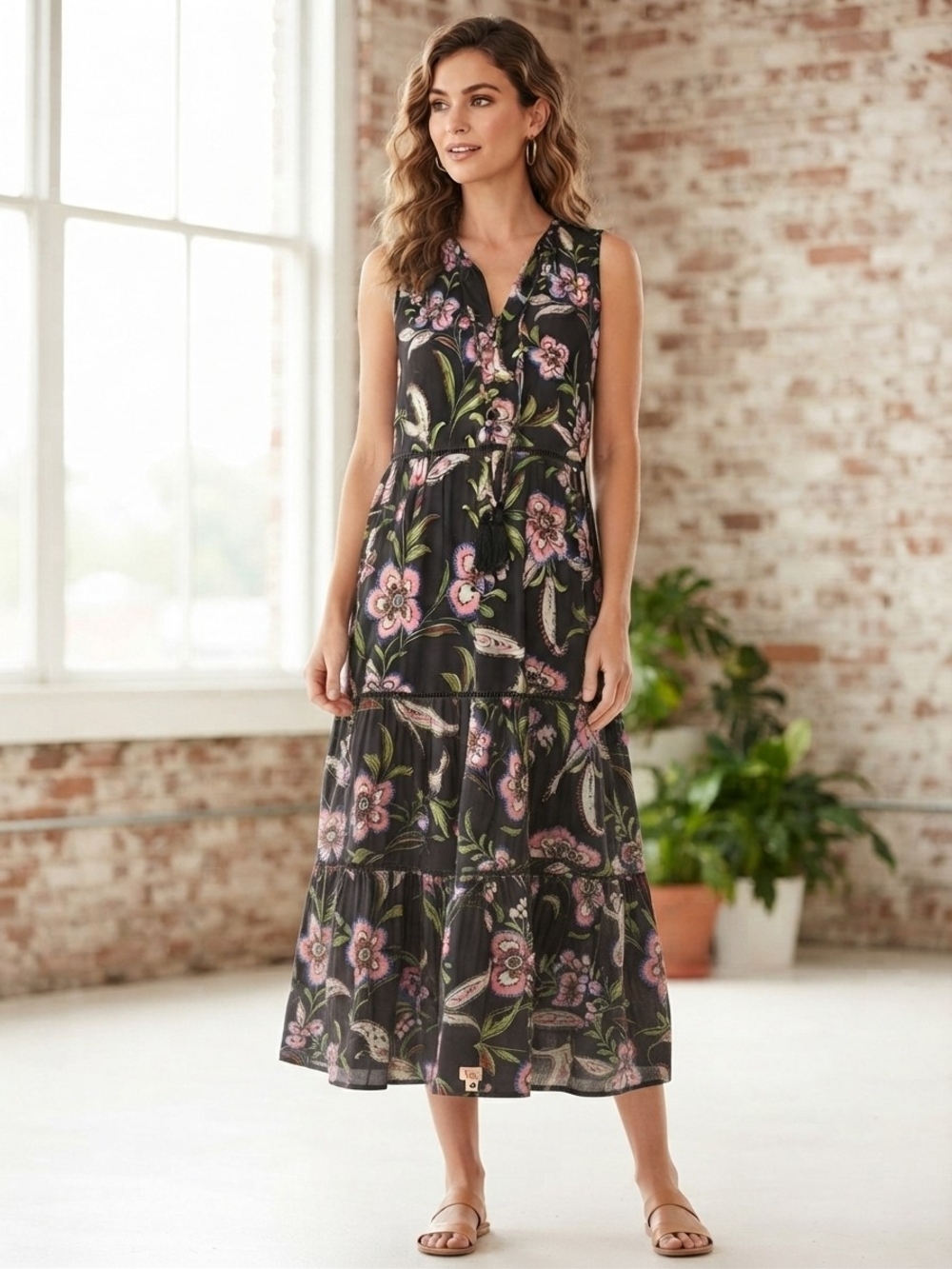 Johnny Was Black Floral Sleeveless Tiered Maxi Dress Size M Lightweight EUC